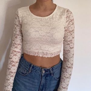 White Lace Long Sleeve Cropped Shirt